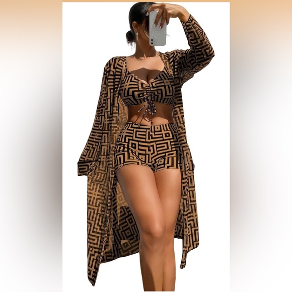 Other - 3 Pieces Bikini Set Geo Print Drawstring Swimsuit with Cover Ups Kimono